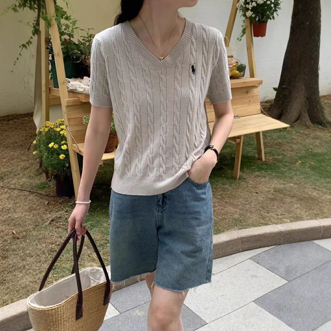 Core - spun yarn short - sleeved sweater women's spring and summer new V - neck pullover embroidered twist knitted T-shirt casual versatile top tide - Negative Apparel
