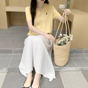 Core - spun yarn short - sleeved sweater women's spring and summer new V - neck pullover embroidered twist knitted T-shirt casual versatile top tide - Negative Apparel