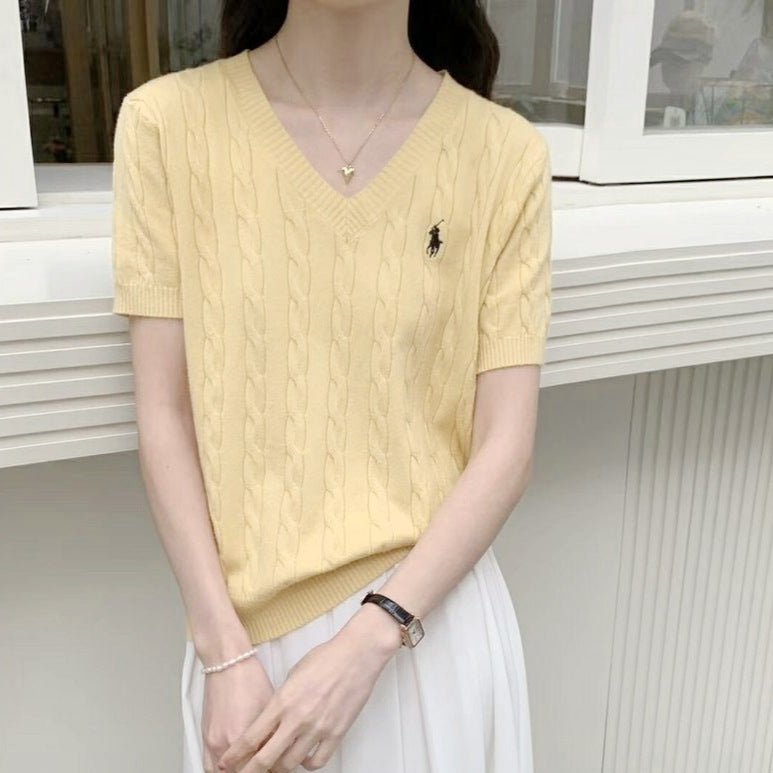 Core - spun yarn short - sleeved sweater women's spring and summer new V - neck pullover embroidered twist knitted T-shirt casual versatile top tide - Negative Apparel