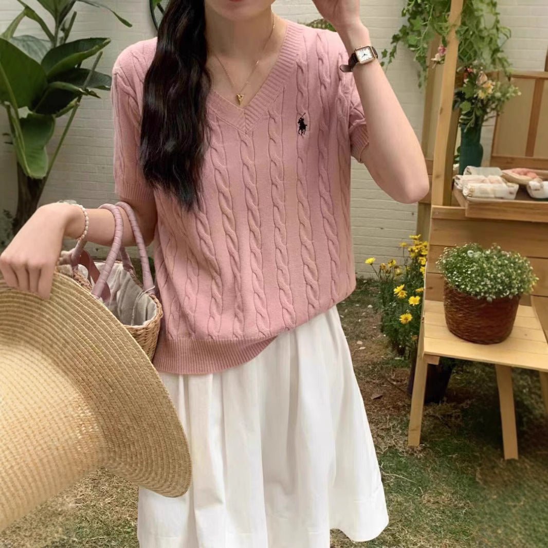 Core - spun yarn short - sleeved sweater women's spring and summer new V - neck pullover embroidered twist knitted T-shirt casual versatile top tide - Negative Apparel