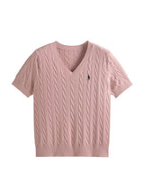 Core - spun yarn short - sleeved sweater women's spring and summer new V - neck pullover embroidered twist knitted T-shirt casual versatile top tide - Negative Apparel