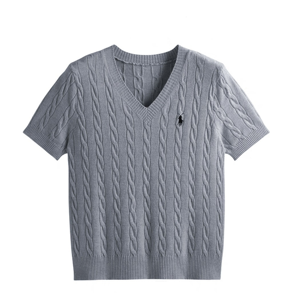 Core - spun yarn short - sleeved sweater women's spring and summer new V - neck pullover embroidered twist knitted T-shirt casual versatile top tide - Negative Apparel