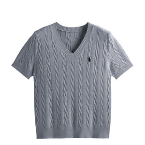 Core - spun yarn short - sleeved sweater women's spring and summer new V - neck pullover embroidered twist knitted T-shirt casual versatile top tide - Negative Apparel