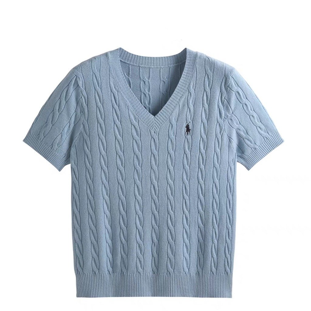 Core - spun yarn short - sleeved sweater women's spring and summer new V - neck pullover embroidered twist knitted T-shirt casual versatile top tide - Negative Apparel