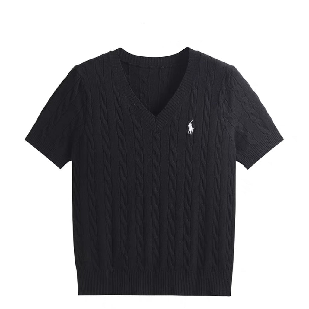 Core - spun yarn short - sleeved sweater women's spring and summer new V - neck pullover embroidered twist knitted T-shirt casual versatile top tide - Negative Apparel