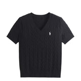 Core - spun yarn short - sleeved sweater women's spring and summer new V - neck pullover embroidered twist knitted T-shirt casual versatile top tide - Negative Apparel
