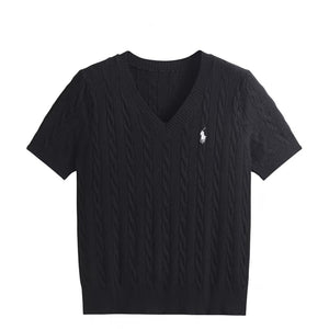 Core - spun yarn short - sleeved sweater women's spring and summer new V - neck pullover embroidered twist knitted T-shirt casual versatile top tide - Negative Apparel