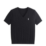 Core - spun yarn short - sleeved sweater women's spring and summer new V - neck pullover embroidered twist knitted T-shirt casual versatile top tide - Negative Apparel