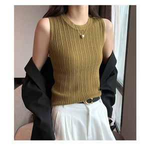 Core - spun yarn small vest for women's summer new design sense, sleeveless round neck suit, inner cover, breast bottoming shirt, slim fit - Negative Apparel