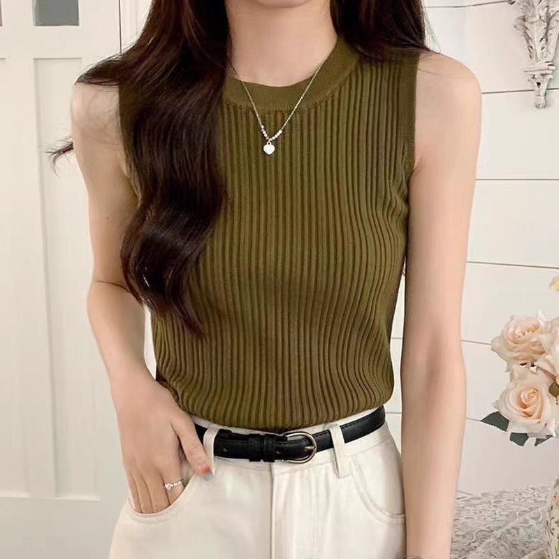 Core - spun yarn small vest for women's summer new design sense, sleeveless round neck suit, inner cover, breast bottoming shirt, slim fit - Negative Apparel