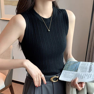Core - spun yarn small vest for women's summer new design sense, sleeveless round neck suit, inner cover, breast bottoming shirt, slim fit - Negative Apparel