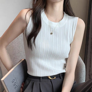 Core - spun yarn small vest for women's summer new design sense, sleeveless round neck suit, inner cover, breast bottoming shirt, slim fit - Negative Apparel