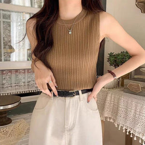 Core - spun yarn small vest for women's summer new design sense, sleeveless round neck suit, inner cover, breast bottoming shirt, slim fit - Negative Apparel
