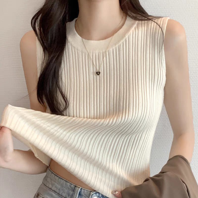 Core - spun yarn small vest for women's summer new design sense, sleeveless round neck suit, inner cover, breast bottoming shirt, slim fit - Negative Apparel