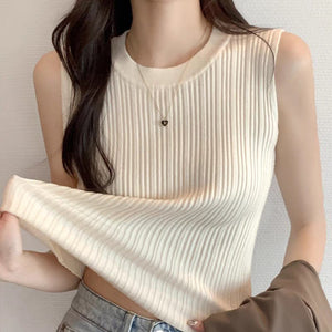 Core - spun yarn small vest for women's summer new design sense, sleeveless round neck suit, inner cover, breast bottoming shirt, slim fit - Negative Apparel
