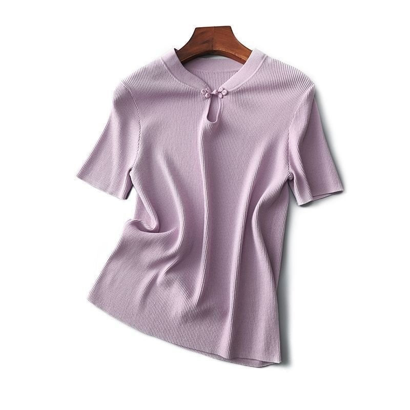 Core - spun yarn summer new knitted sweater women's improved cheongsam buckle Chinese style retro short - sleeved T-shirt top women's trend - Negative Apparel