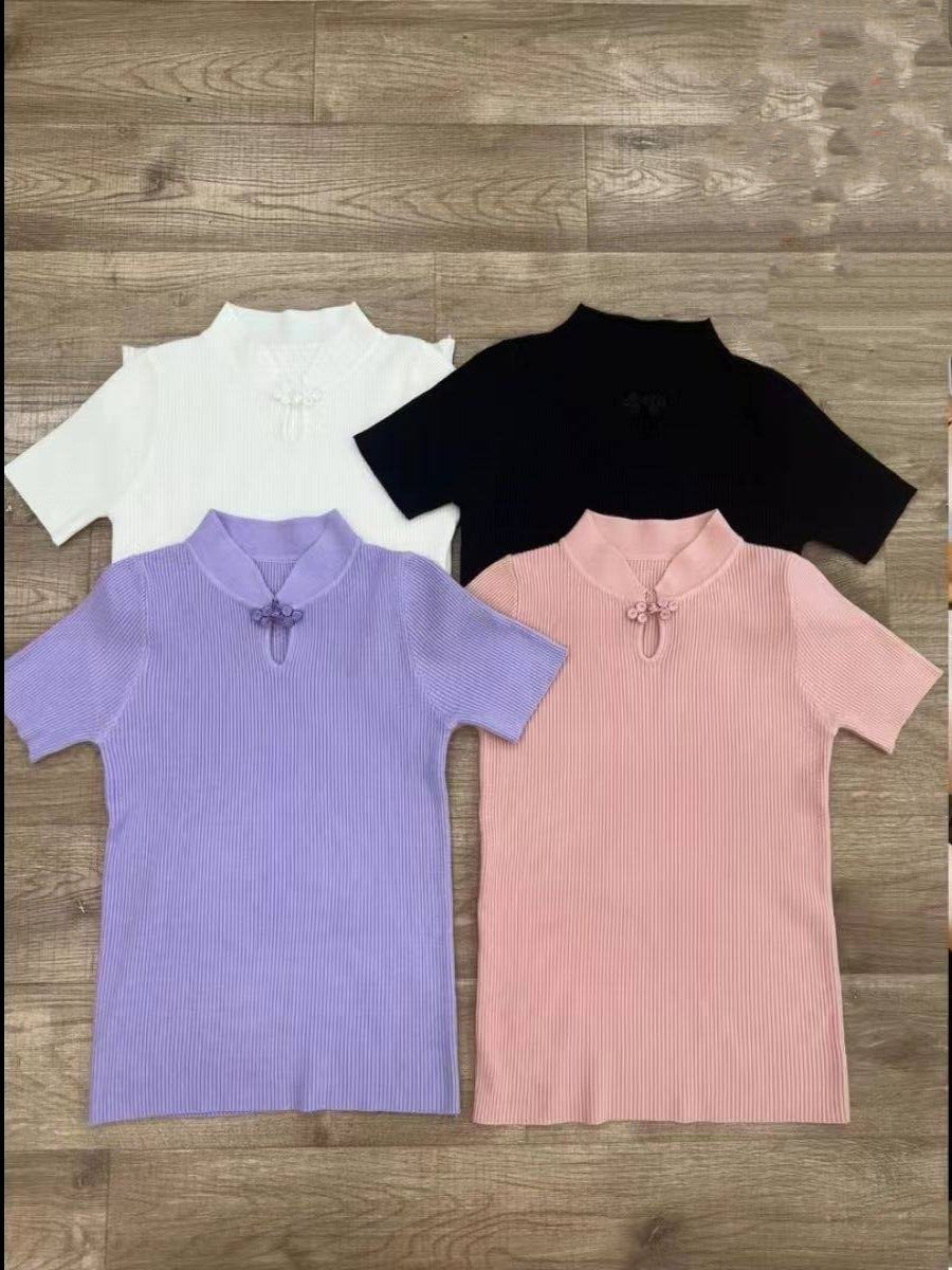 Core - spun yarn summer new knitted sweater women's improved cheongsam buckle Chinese style retro short - sleeved T-shirt top women's trend - Negative Apparel