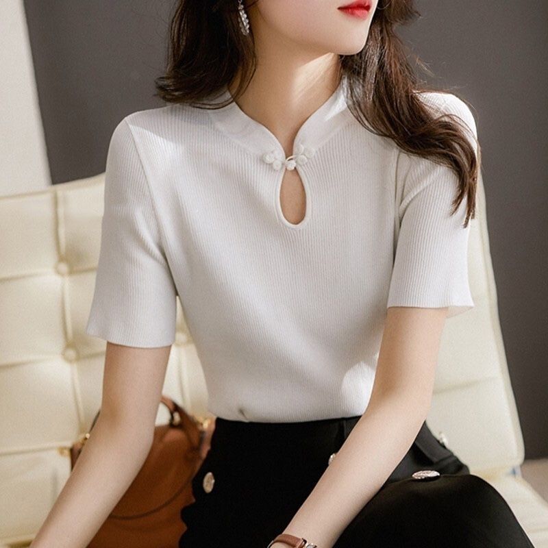 Core - spun yarn summer new knitted sweater women's improved cheongsam buckle Chinese style retro short - sleeved T-shirt top women's trend - Negative Apparel