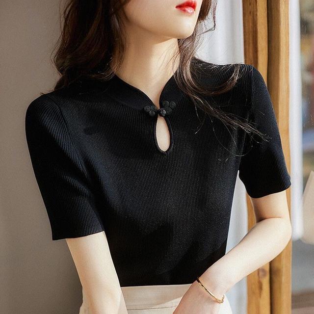 Core - spun yarn summer new knitted sweater women's improved cheongsam buckle Chinese style retro short - sleeved T-shirt top women's trend - Negative Apparel