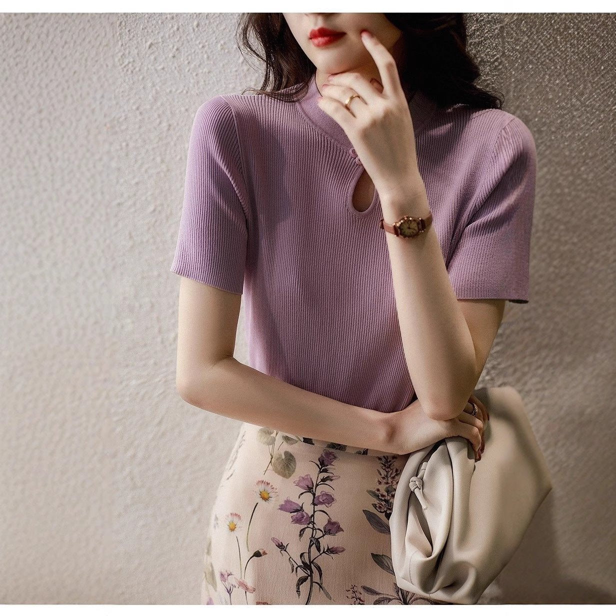 Core - spun yarn summer new knitted sweater women's improved cheongsam buckle Chinese style retro short - sleeved T-shirt top women's trend - Negative Apparel