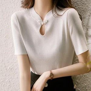Core - spun yarn summer new knitted sweater women's improved cheongsam buckle Chinese style retro short - sleeved T-shirt top women's trend - Negative Apparel