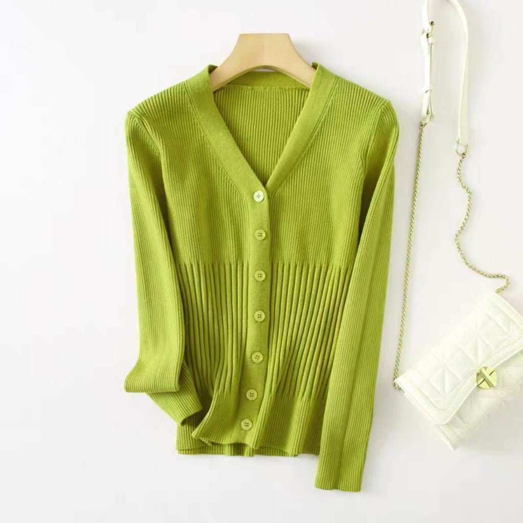 Core - spun yarn V - neck knitted cardigan women's spring new retro lazy style bottomed top slim sweater jacket women - Negative Apparel