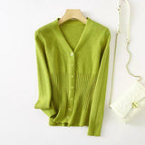 Core - spun yarn V - neck knitted cardigan women's spring new retro lazy style bottomed top slim sweater jacket women - Negative Apparel