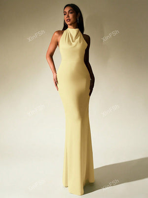 Cowl Neck Backless Bodycon Ruched Elegant Formal Evening Gowns - Negative Apparel