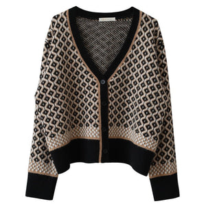 Cozy Thick V - Neck Cardigan Sweater – Geometric Pattern, Japanese & Korean Casual Chic - Negative Apparel