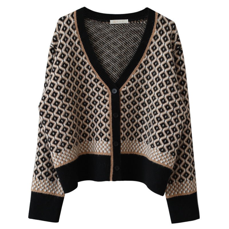 Cozy Thick V - Neck Cardigan Sweater – Geometric Pattern, Japanese & Korean Casual Chic - Negative Apparel