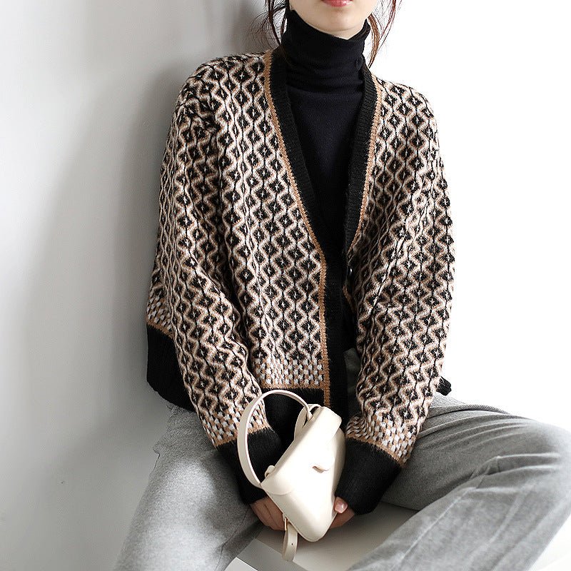 Cozy Thick V - Neck Cardigan Sweater – Geometric Pattern, Japanese & Korean Casual Chic - Negative Apparel