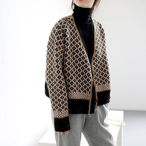 Cozy Thick V - Neck Cardigan Sweater – Geometric Pattern, Japanese & Korean Casual Chic - Negative Apparel