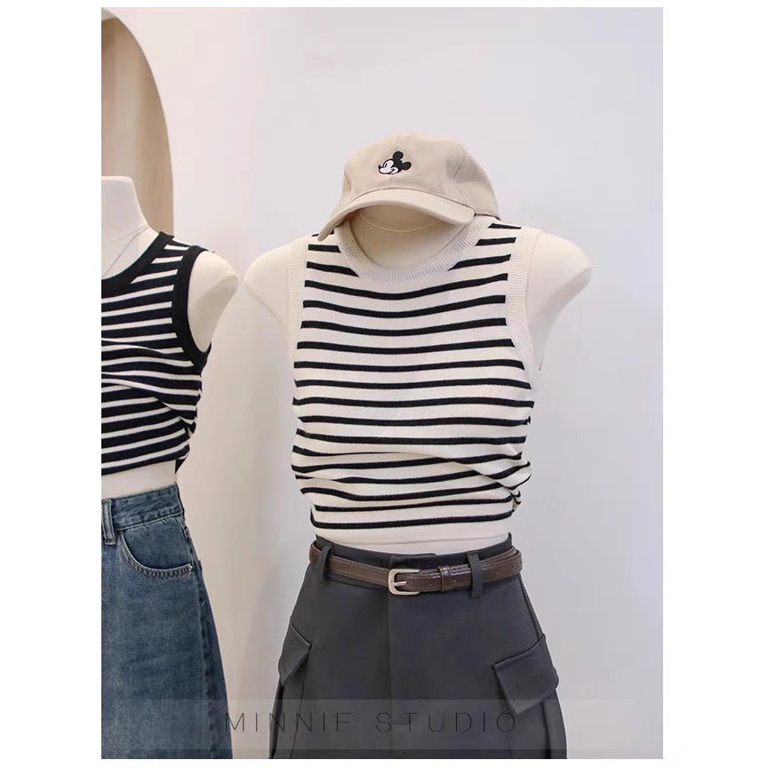 Crew neck striped suspender vest women's summer inner cover bottom short knitted thin versatile sleeveless top trendy - Negative Apparel