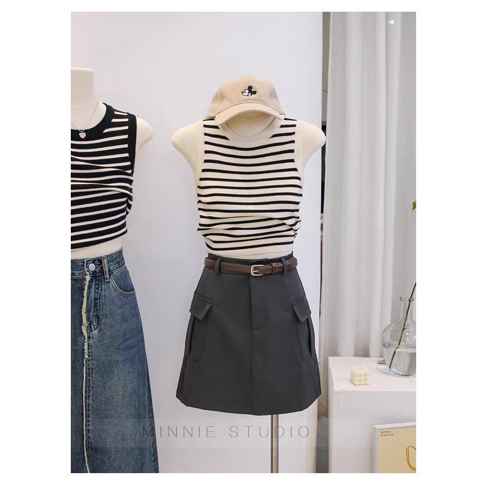 Crew neck striped suspender vest women's summer inner cover bottom short knitted thin versatile sleeveless top trendy - Negative Apparel