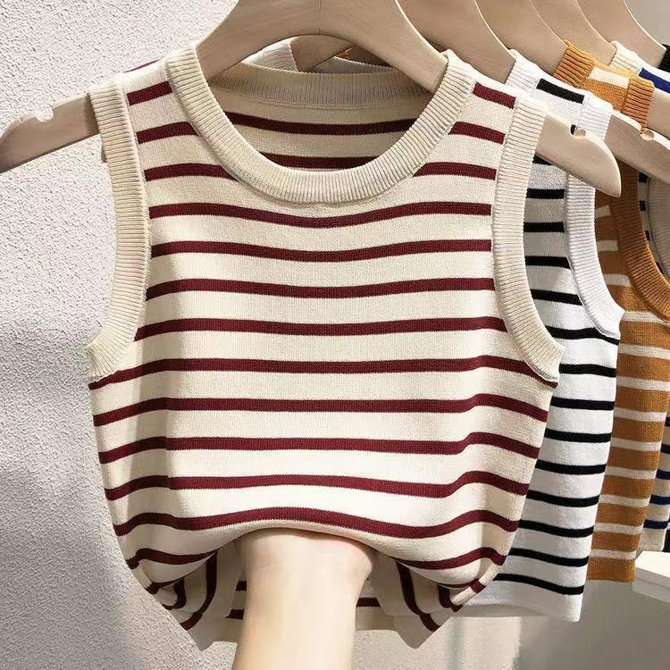 Crew neck striped suspender vest women's summer inner cover bottom short knitted thin versatile sleeveless top trendy - Negative Apparel