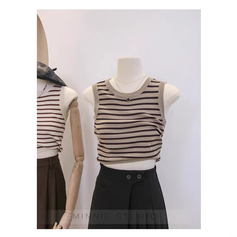 Crew neck striped suspender vest women's summer inner cover bottom short knitted thin versatile sleeveless top trendy - Negative Apparel