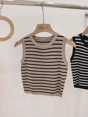 Crew neck striped suspender vest women's summer inner cover bottom short knitted thin versatile sleeveless top trendy - Negative Apparel