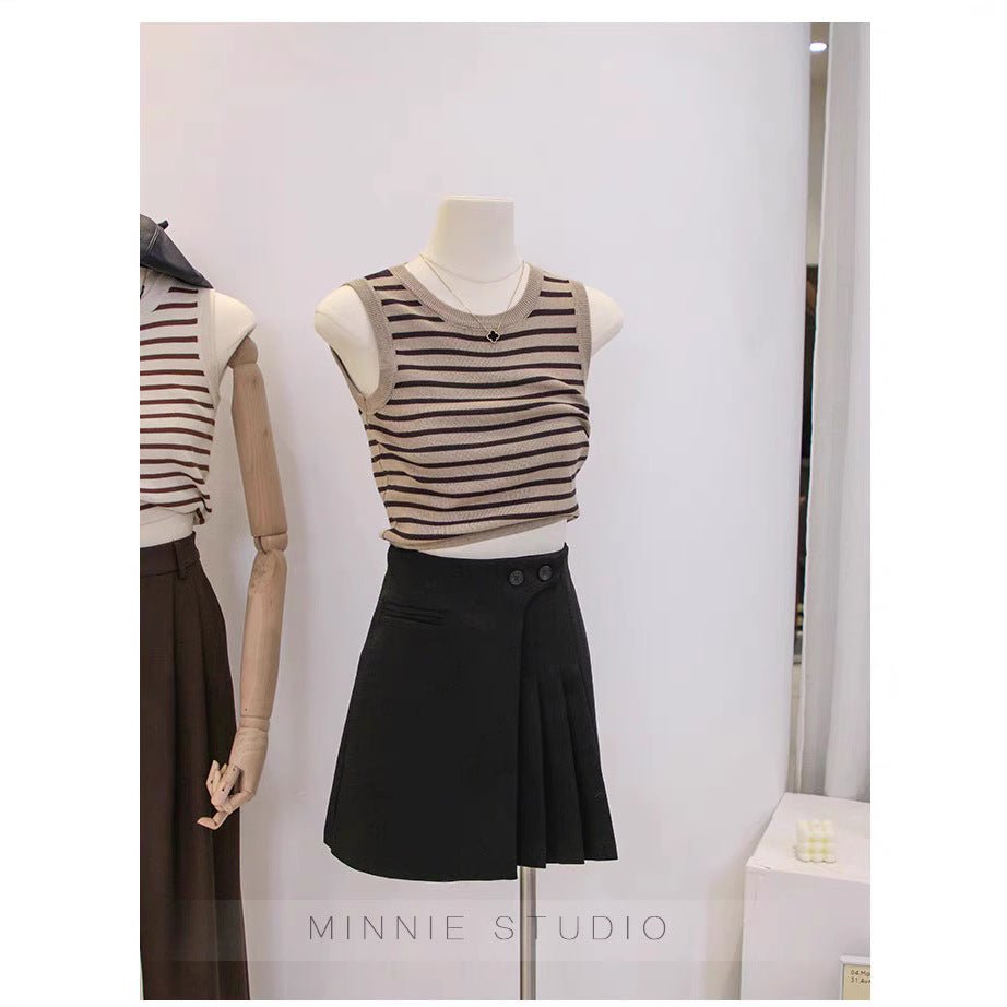 Crew neck striped suspender vest women's summer inner cover bottom short knitted thin versatile sleeveless top trendy - Negative Apparel