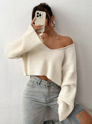 Cropped loose V - neck drop shoulder short ribbed knitted sweater - Negative Apparel