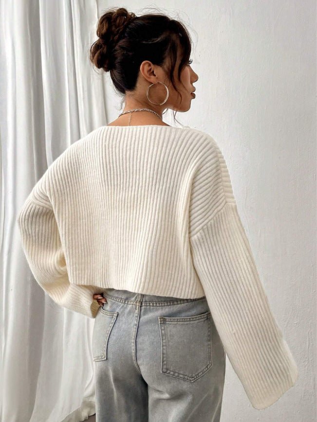 Cropped loose V - neck drop shoulder short ribbed knitted sweater - Negative Apparel