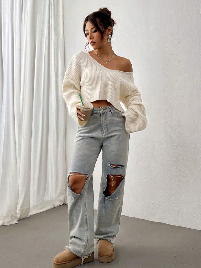 Cropped loose V - neck drop shoulder short ribbed knitted sweater - Negative Apparel