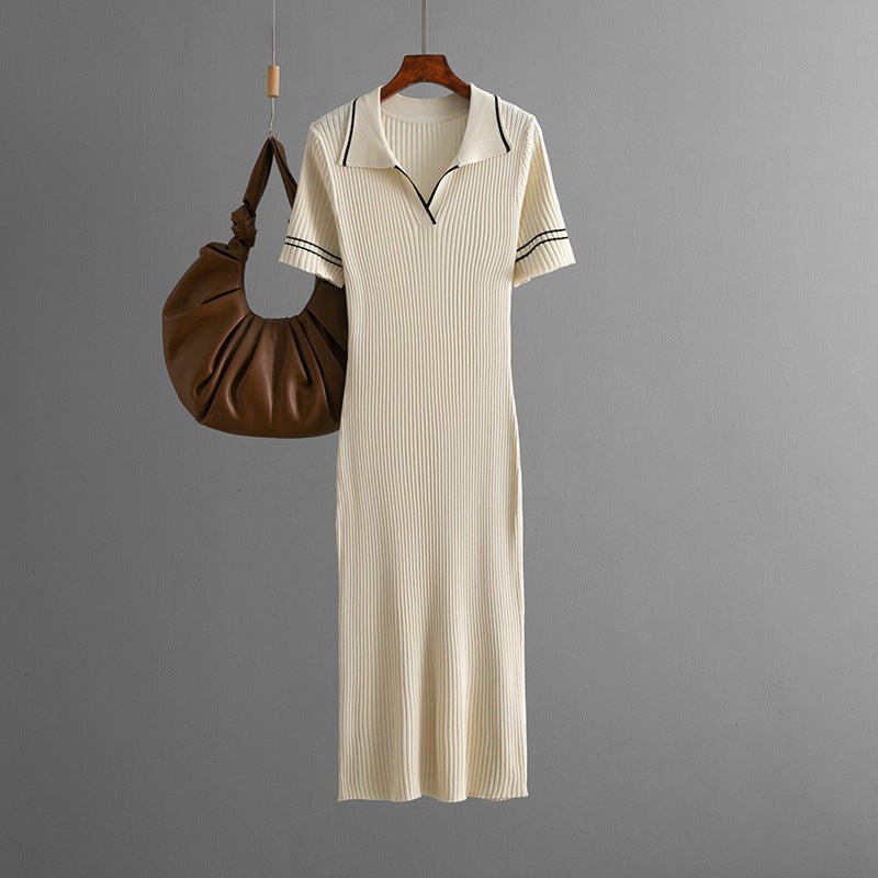 Cross - border 2025 summer new solid - color lapel POLO slim - fit hip - wrapped and thin knitted short - sleeved dress for women - Negative Apparel