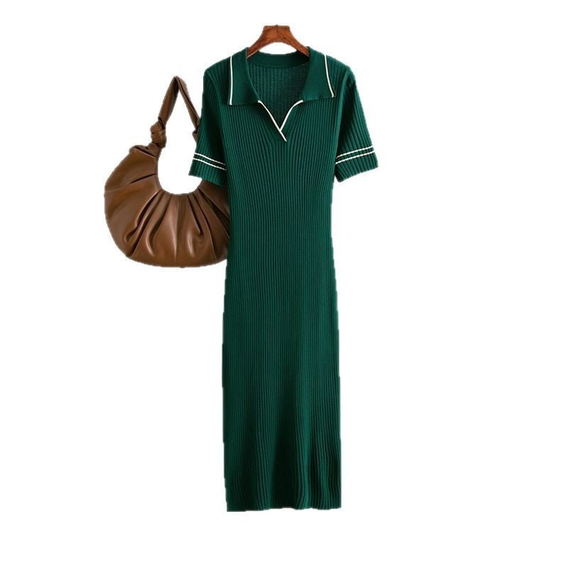 Cross - border 2025 summer new solid - color lapel POLO slim - fit hip - wrapped and thin knitted short - sleeved dress for women - Negative Apparel