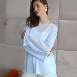 Cross - border hollow knitted sweater, Europe, America 2025 spring and summer new women's perspective thin large round neck horn sleeve knitted T-shirt - Negative Apparel