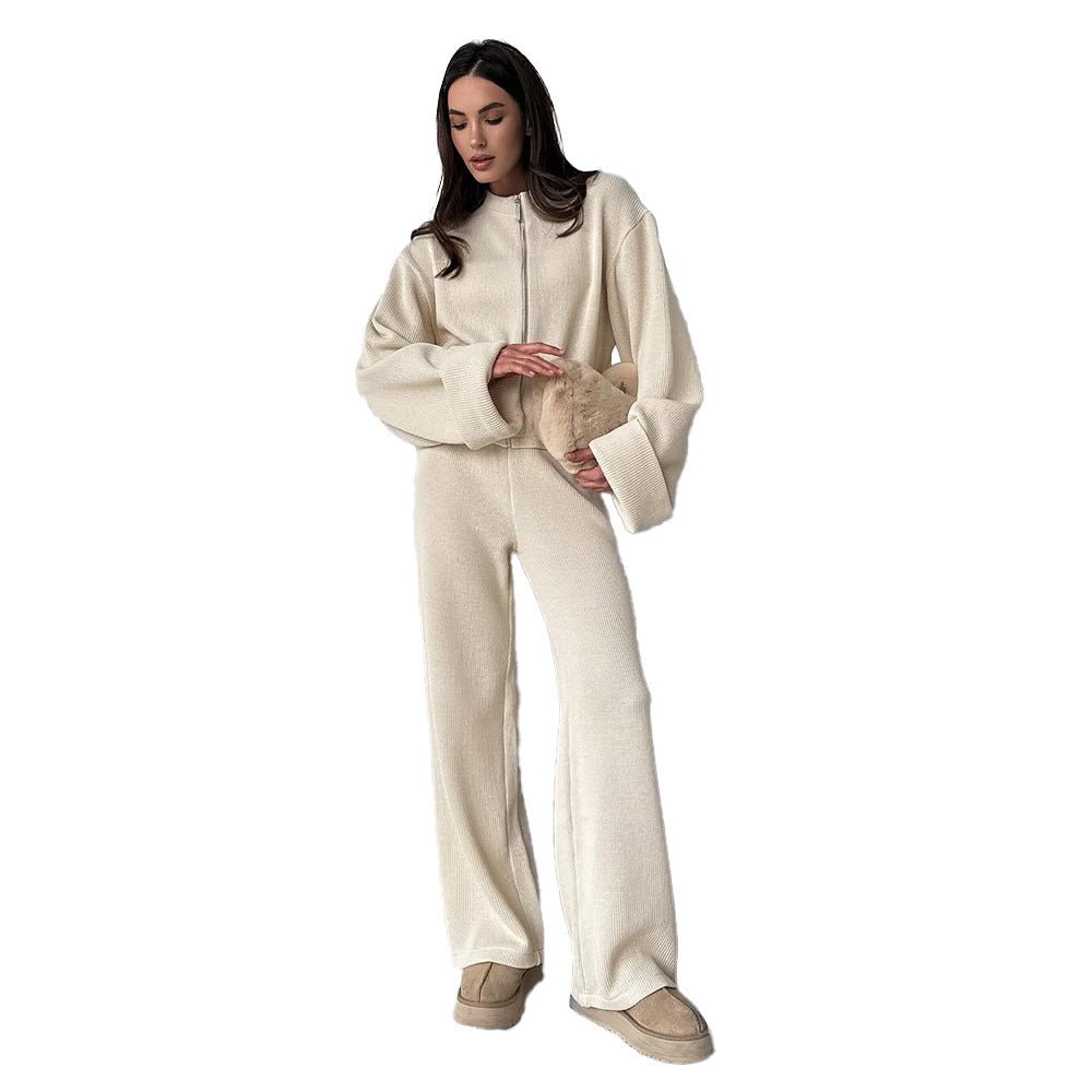 Cross - border knitted long - sleeved wide - leg trousers set Europe, America 2025 autumn and winter new zipper jacket trousers casual set - Negative Apparel