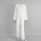 Cross - border knitted long - sleeved wide - leg trousers set Europe, America 2025 autumn and winter new zipper jacket trousers casual set - Negative Apparel