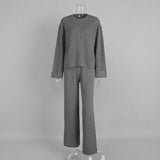 Cross - border knitted long - sleeved wide - leg trousers set Europe, America 2025 autumn and winter new zipper jacket trousers casual set - Negative Apparel