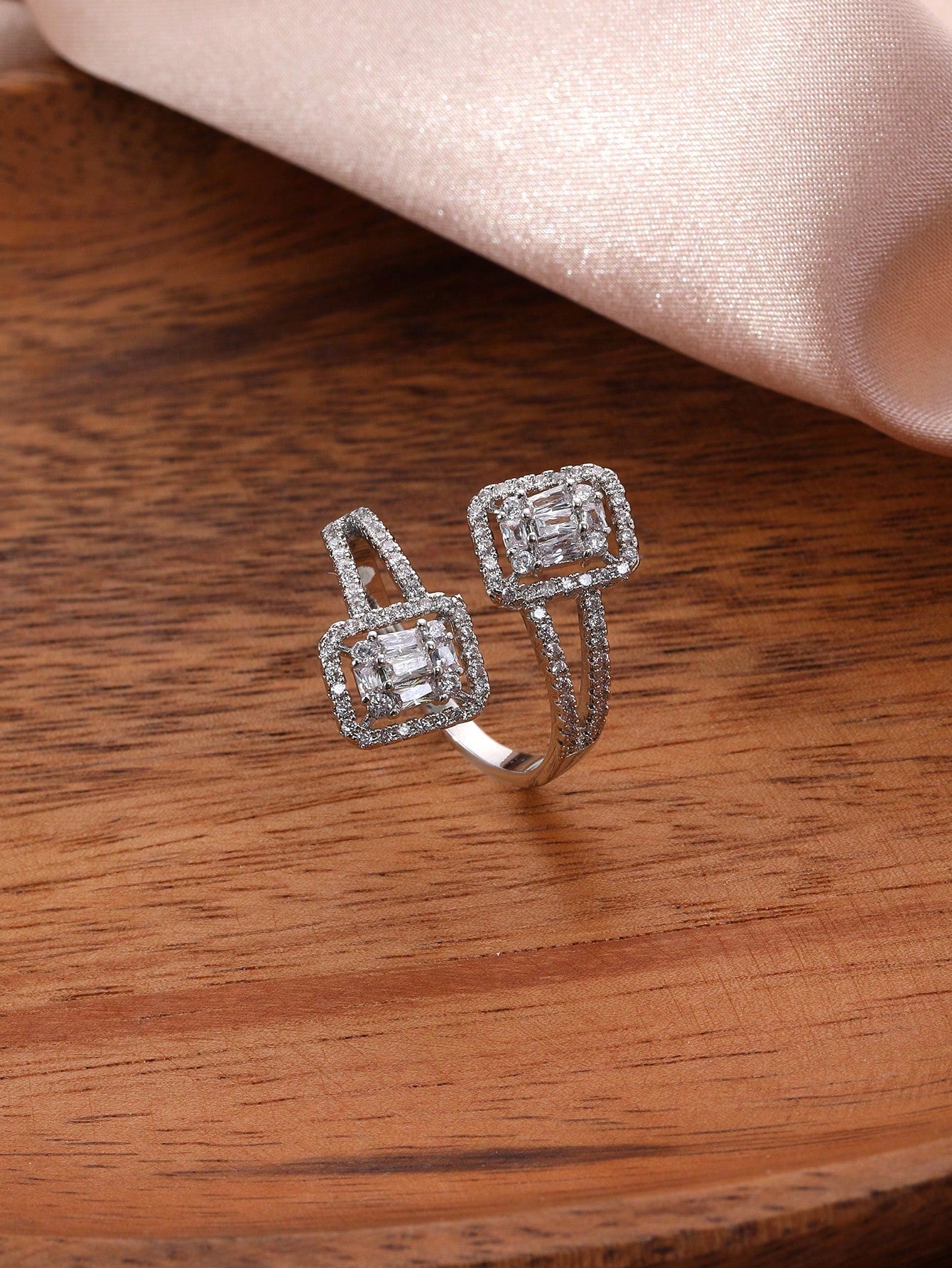 Cubic Zirconia Decor Cuff Ring - Negative Apparel