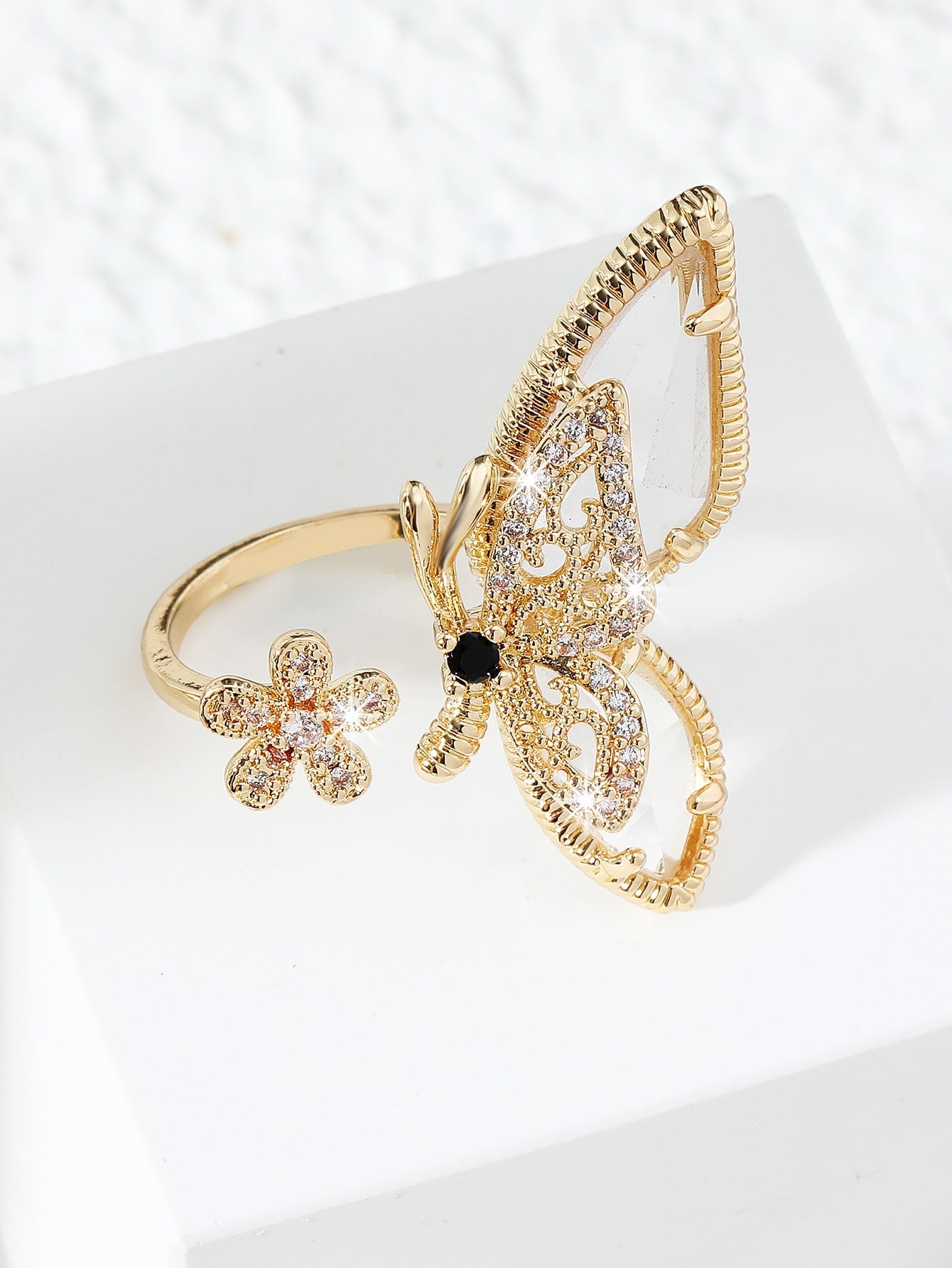 Cubic Zirconia Detail Flower Design Cuff Ring - Negative Apparel