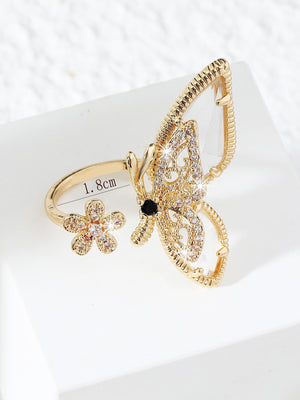 Cubic Zirconia Detail Flower Design Cuff Ring - Negative Apparel